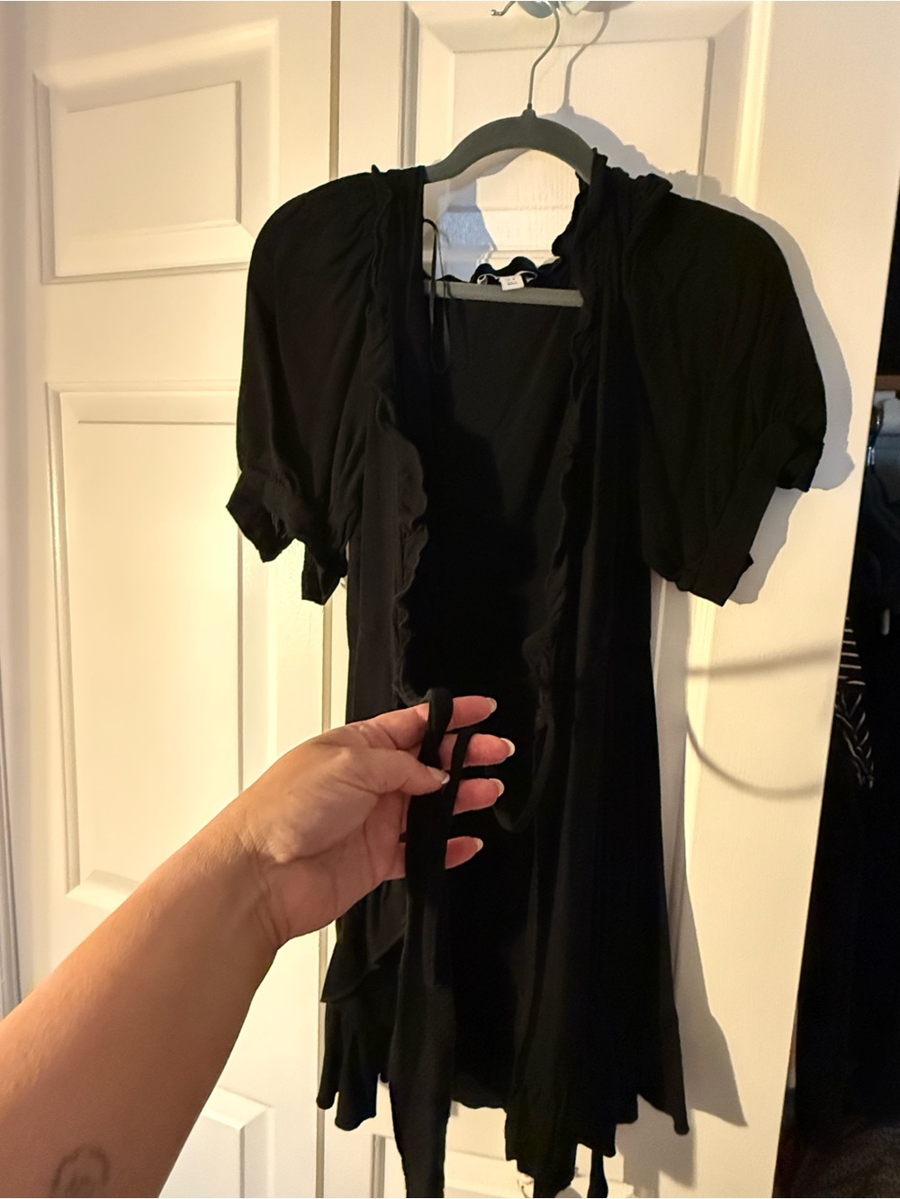 Topshop Black Ruffled Short Sleeve Cardigan with Tie
